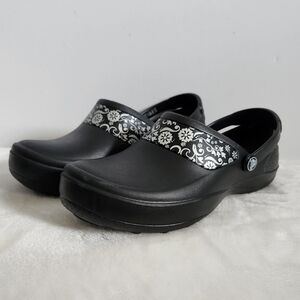 Crocs Mercy Black Silver Floral Flower Work Nursing Clog Shoes Size 9
